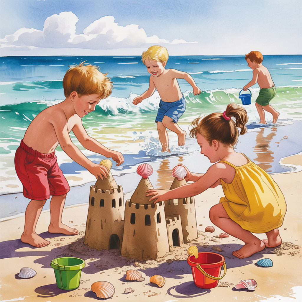 Children Building Sandcastle on a Sunny Beach Day