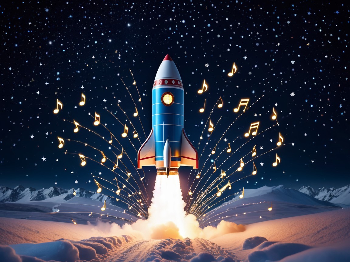 Colorful Toy Rocket Launching in Snowy Mountain Scene