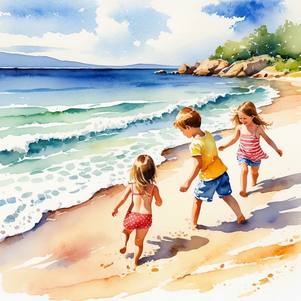 Children Playing on a Sandy Beach on a Sunny Day