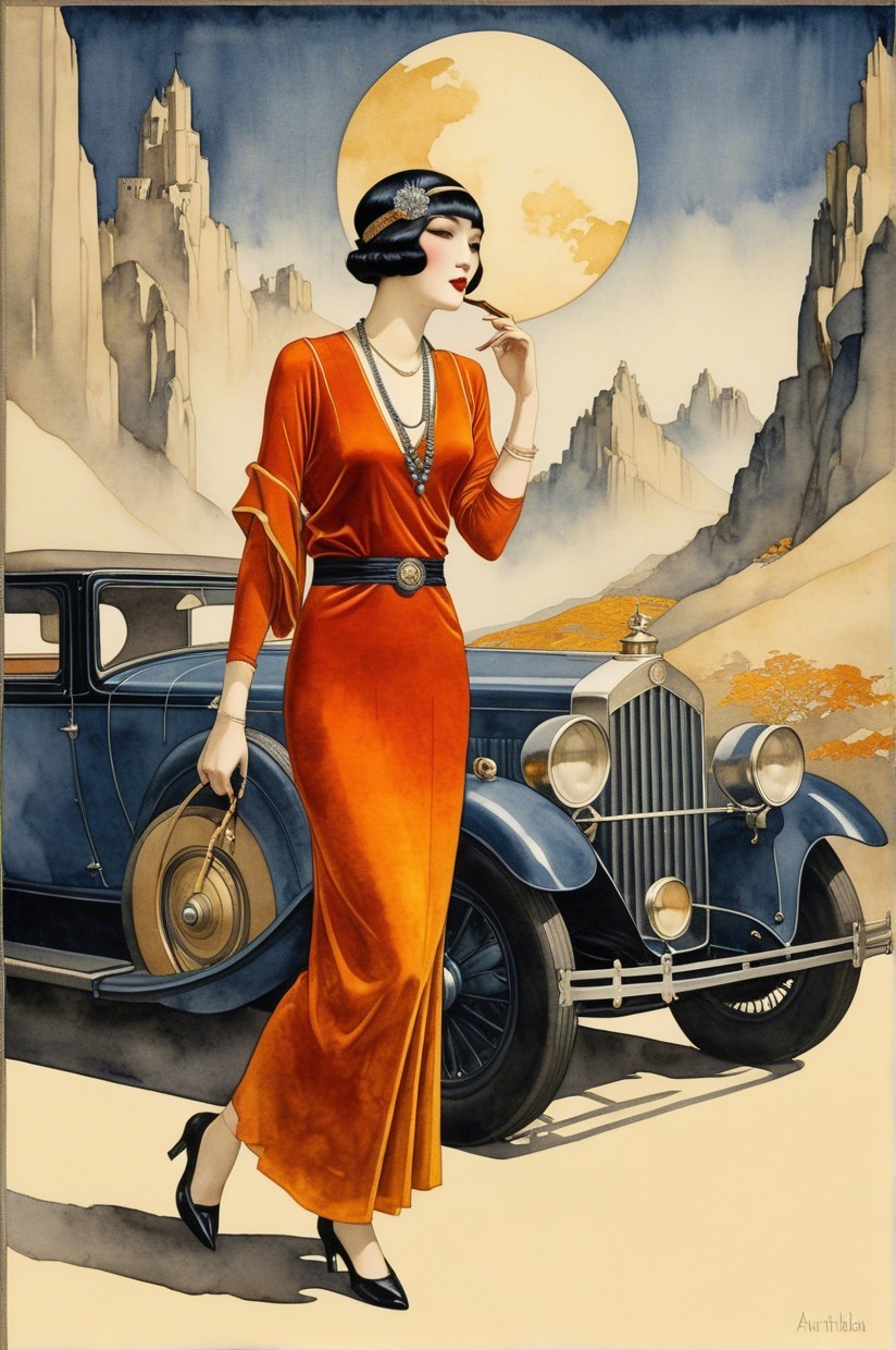 Elegant Woman in Orange Dress by Classic Car