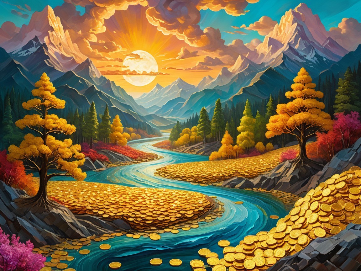 Vibrant landscape with river, hills, and sunset glow