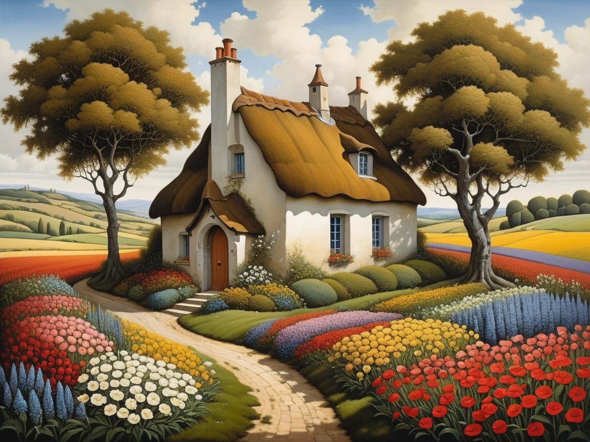 Thatched-Roof Cottage Surrounded by Colorful Flowers