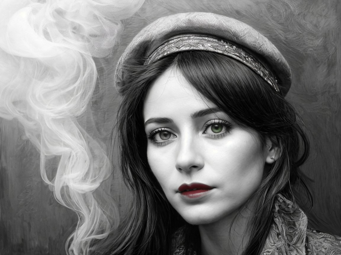 Black and white portrait of a young woman with hat