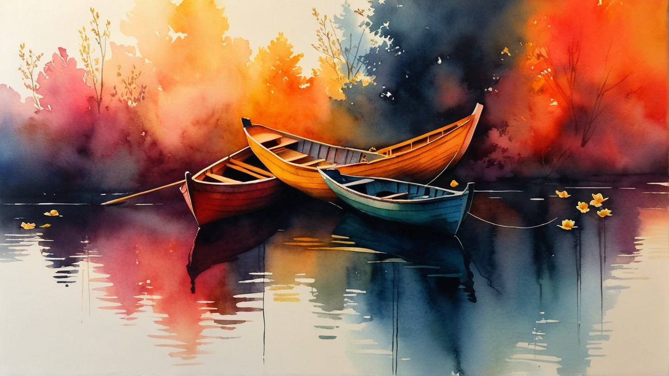 Watercolor of Boats Amidst Autumn Foliage and Lily Pads