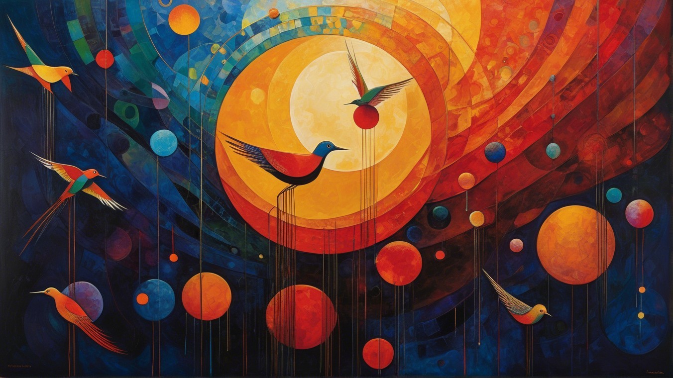 Vibrant Cosmic Scene with Birds and Luminous Moon