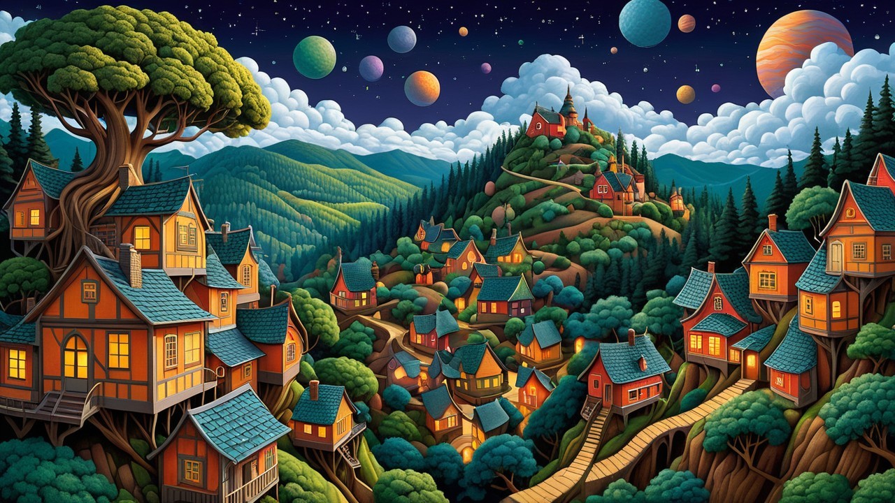 Whimsical Landscape with Colorful Houses and Trees