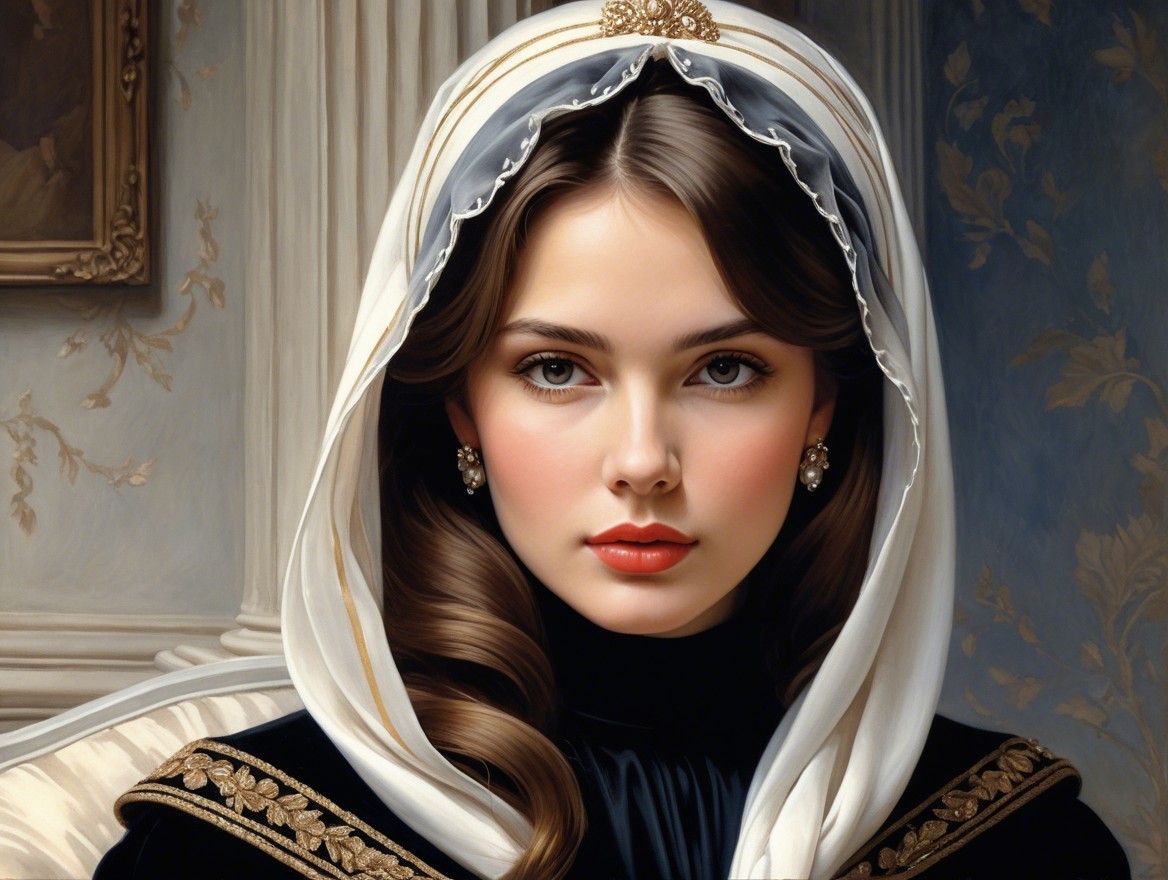 Elegant Young Woman in White Hood with Ornate Backdrop