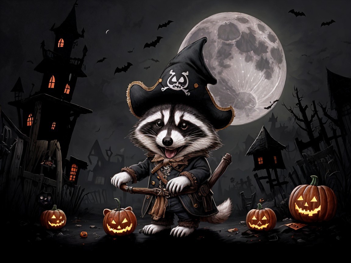 Whimsical Raccoon Pirate in Spooky Halloween Scene