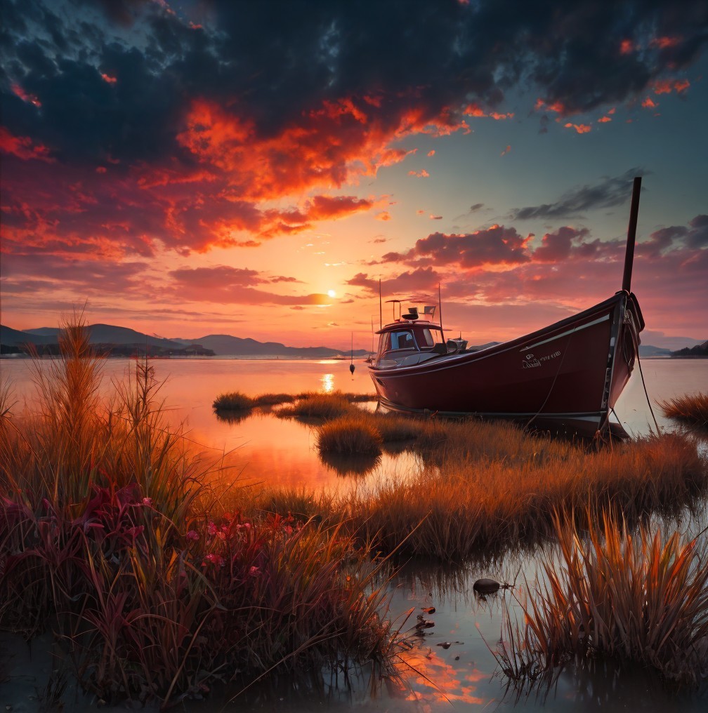 Serene Sunset Over Calm Waters and Rustic Boat