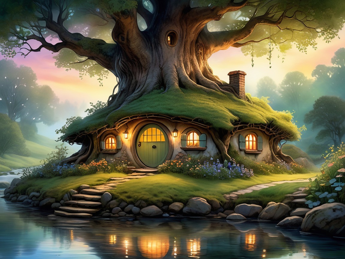 Whimsical house near an ancient tree and stream