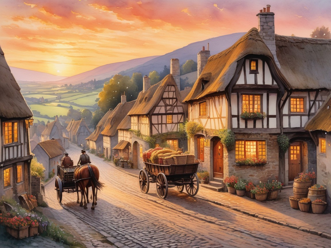 Watercolor Painting of a Quaint Village at Sunset