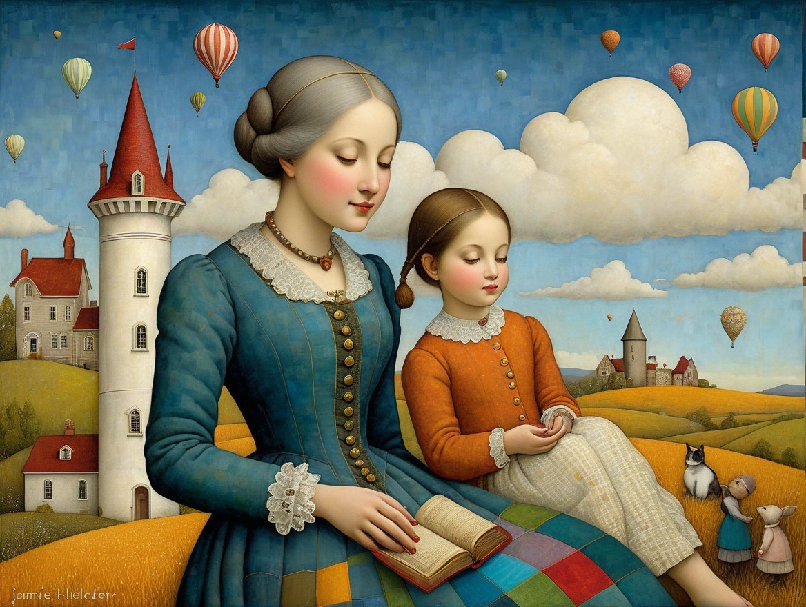 Serene Landscape with Woman and Girl Reading Together