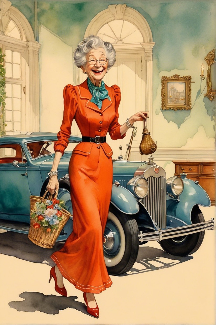 Elderly Woman in Orange Dress Next to Classic Blue Car