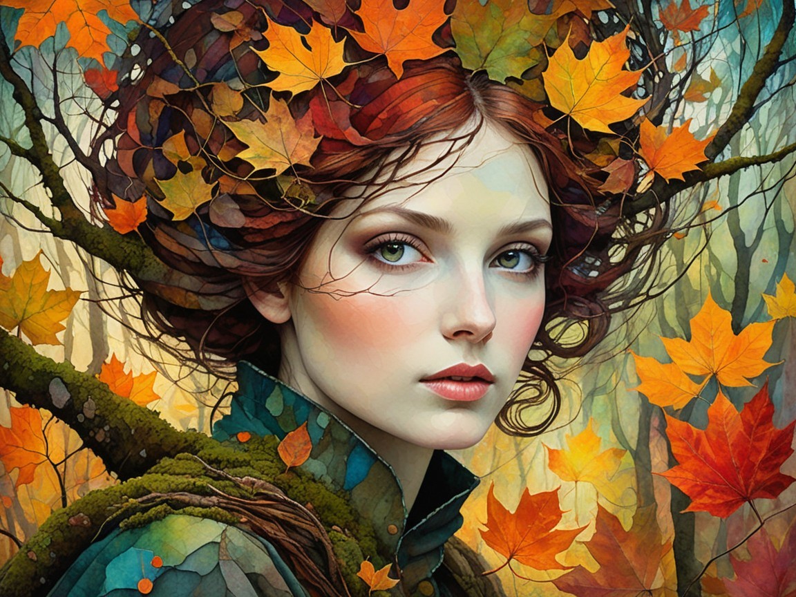 Young Woman with Red Hair in Autumn Forest Scene