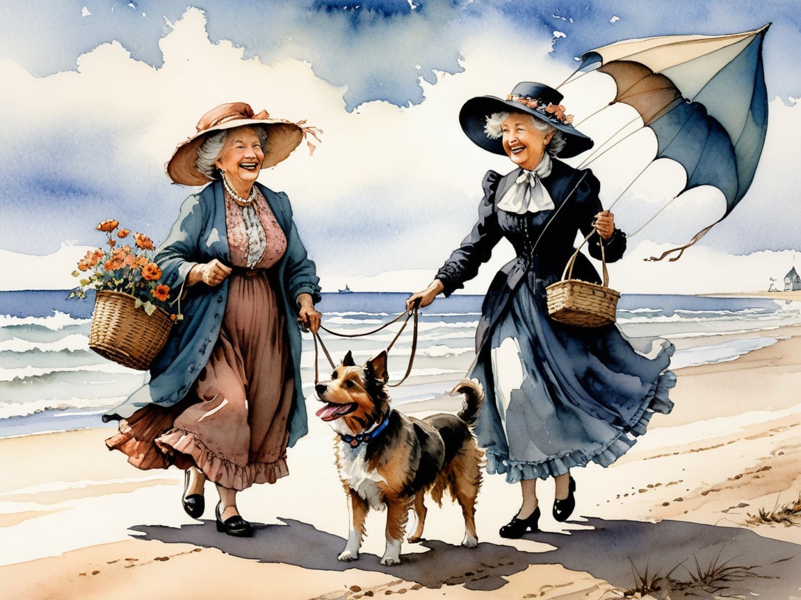 Elderly Women in Vintage Attire Strolling on Beach