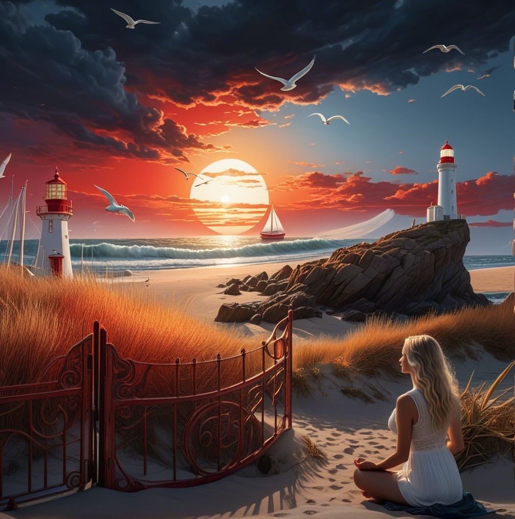 Serene Coastal Sunset with Lighthouses and Sailboat