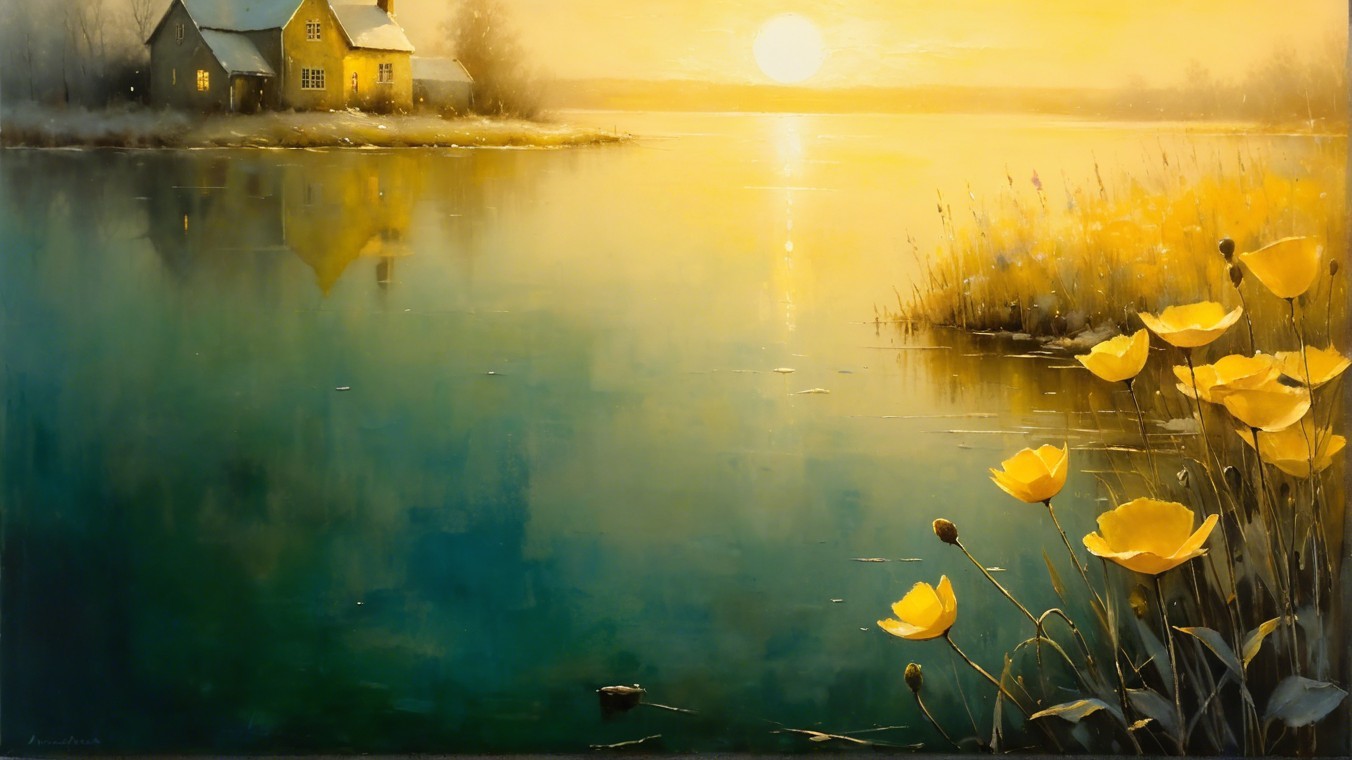 Serene Sunrise Landscape with Lake and Yellow Flowers