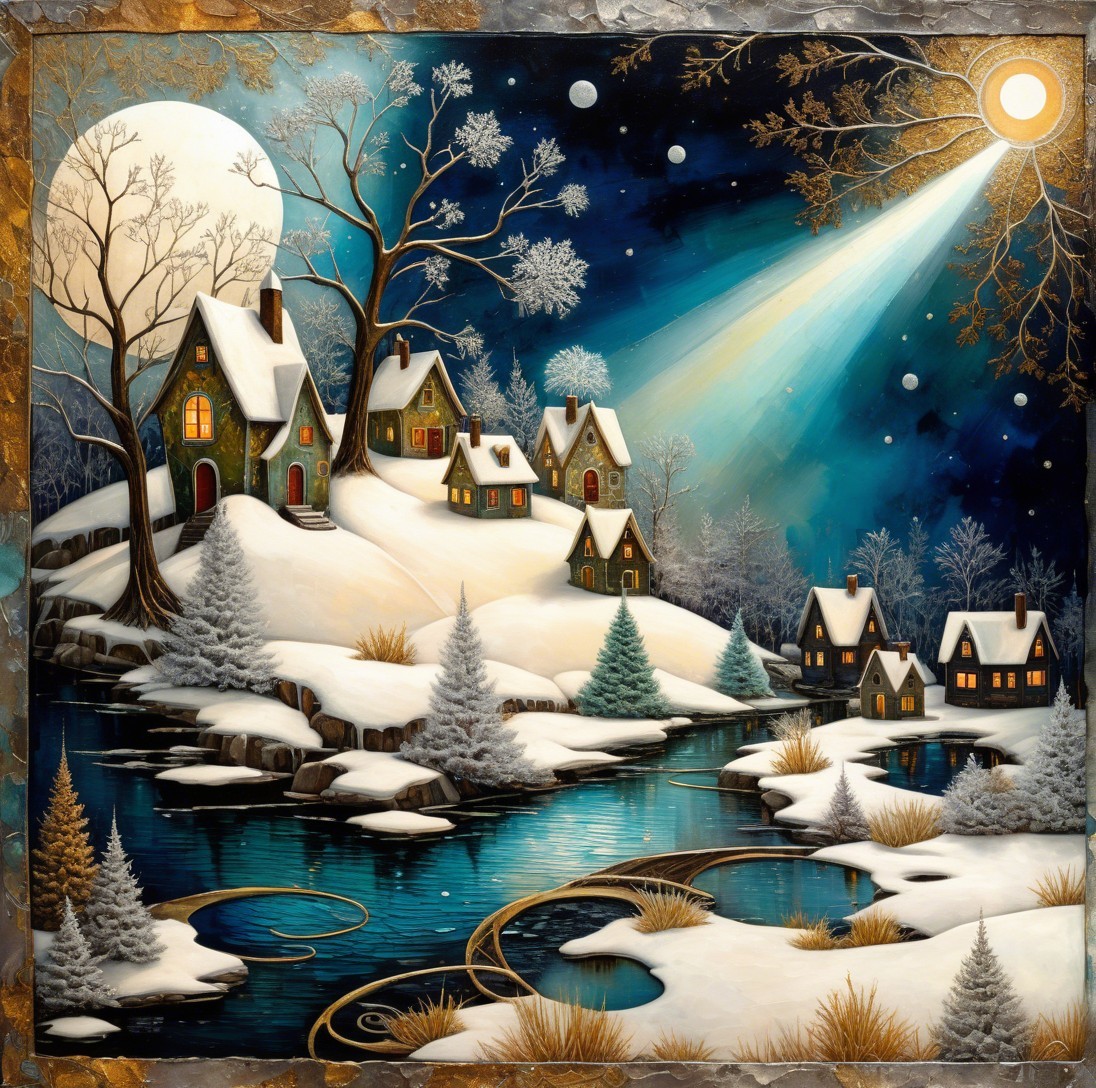 Dreamlike Winter Landscape with Moonlit Village