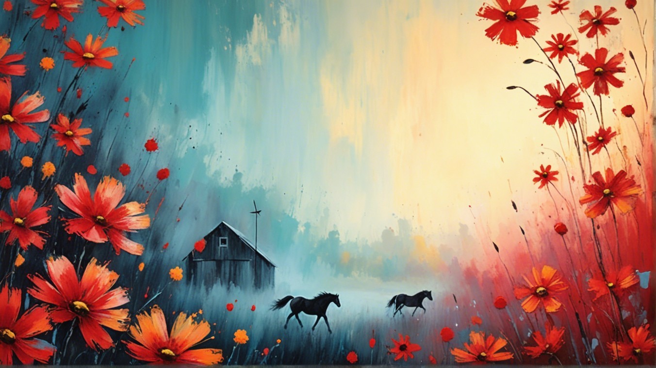 Vibrant Landscape with Horses and Colorful Flowers