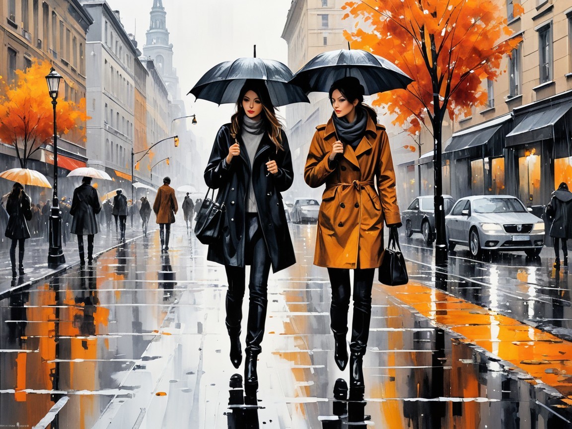 Women with umbrellas in a rainy city street scene