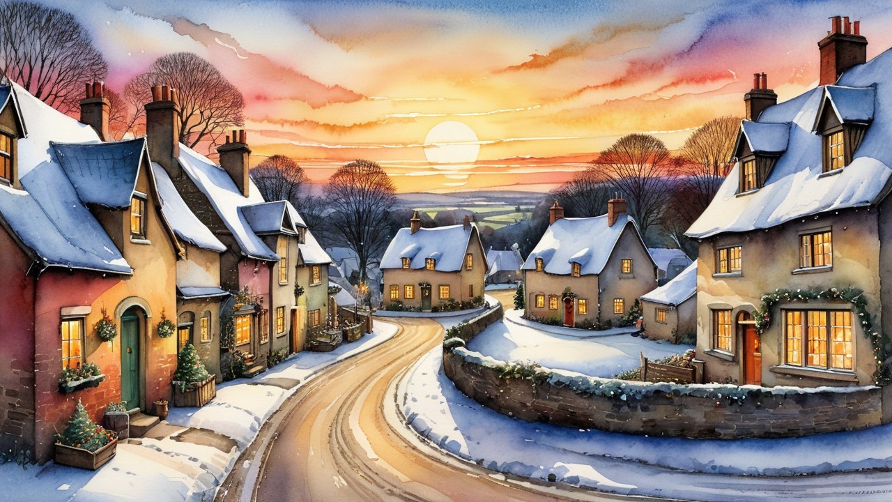 Snow-Covered English Village Scene at Sunset in Watercolor
