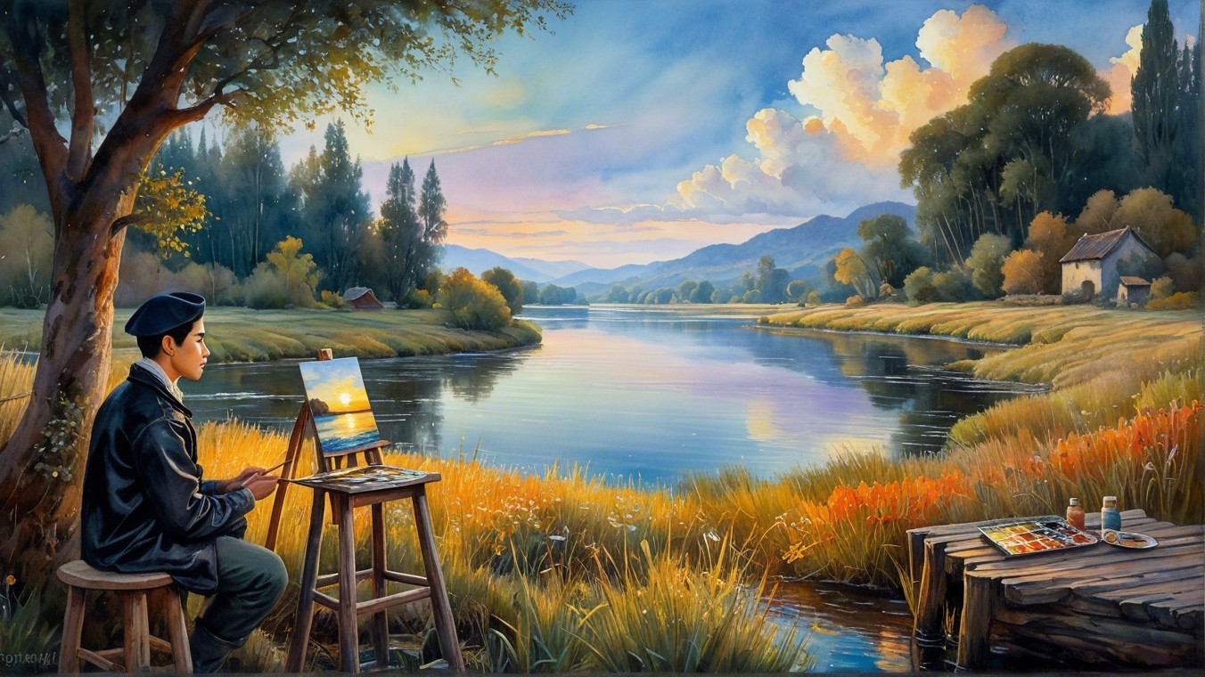Serene Landscape with Painter by Tranquil River