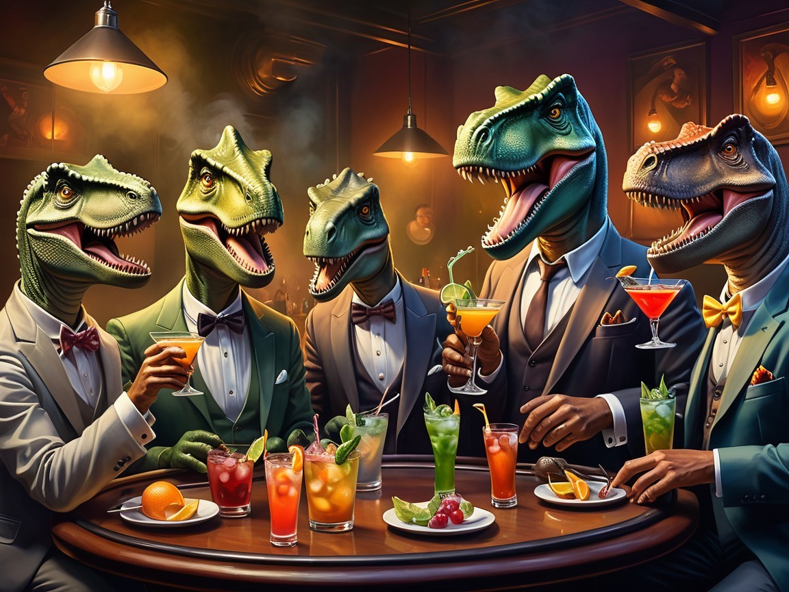 Dinosaurs in Suits Socializing at a Bar Table