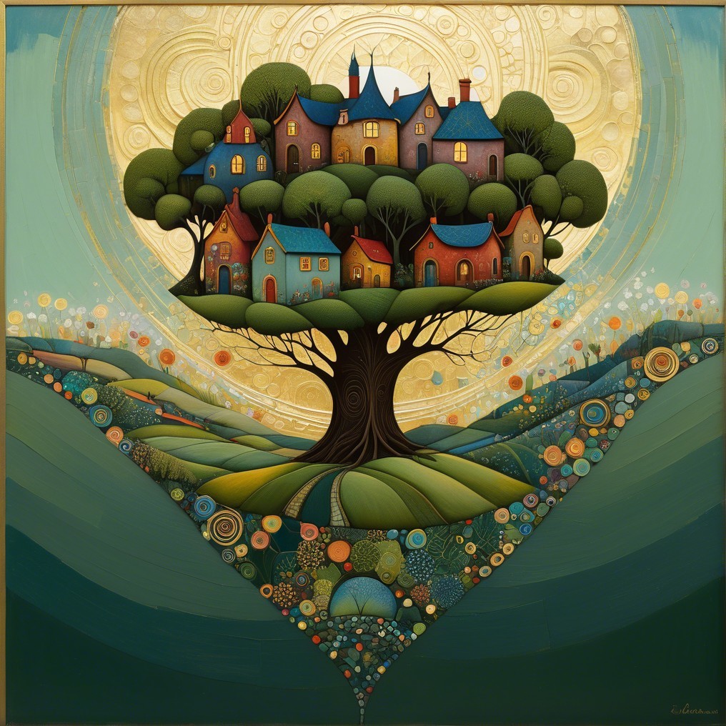 Whimsical Tree with Colorful Village and Golden Background