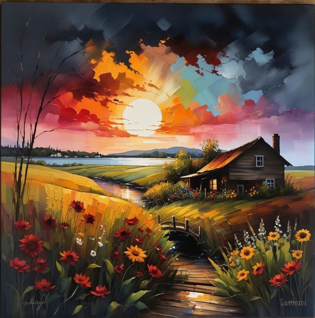 Vibrant Landscape with Wooden House and Serene River