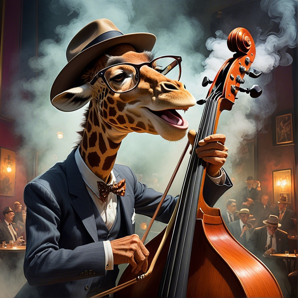 Giraffe in Suit Playing Double Bass at Jazz Club