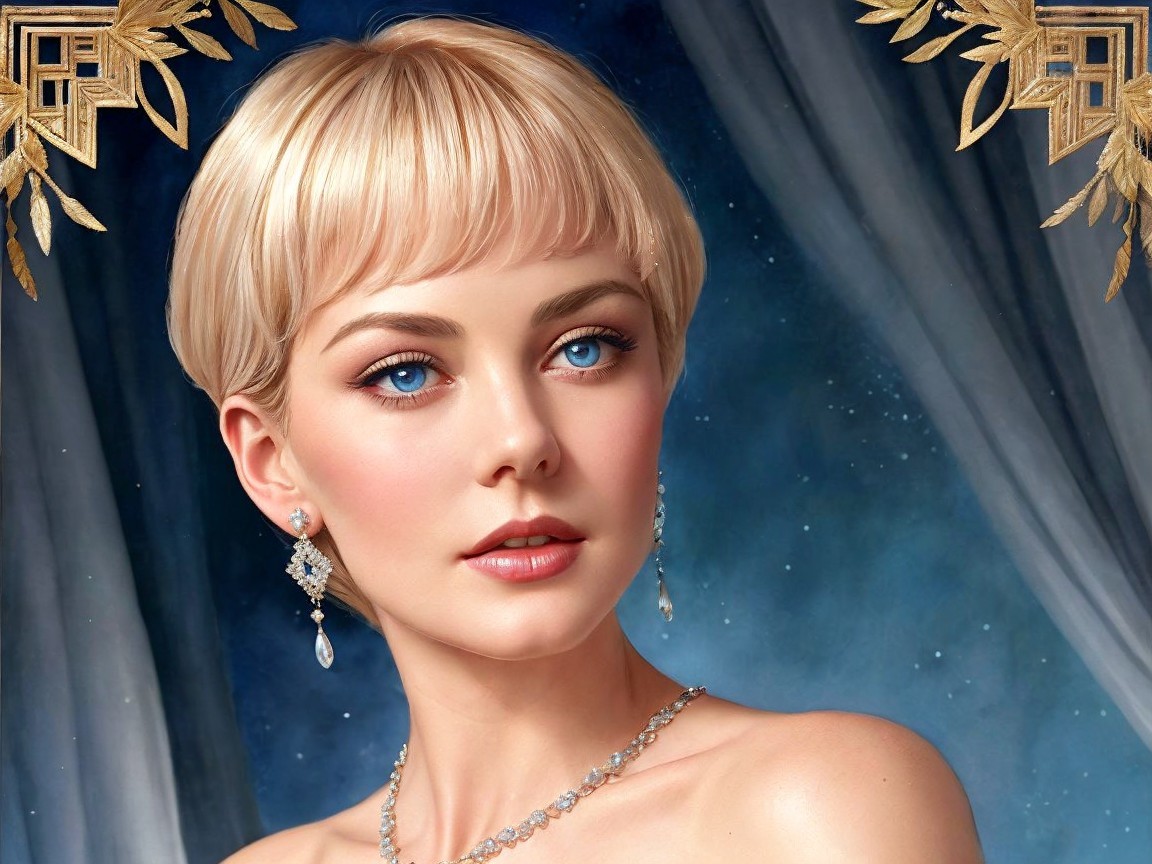 Portrait of a woman with platinum blonde hair and blue eyes