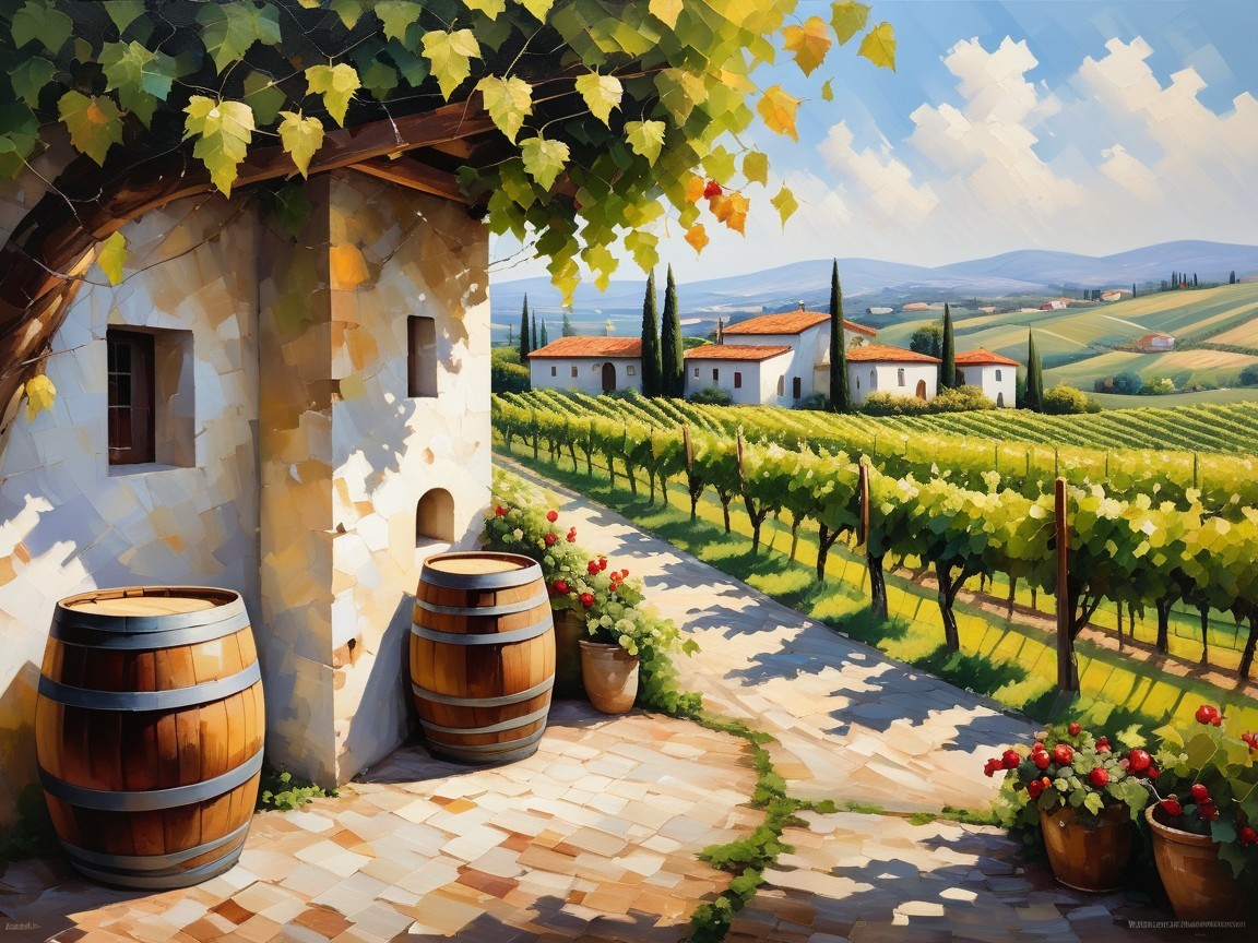 Picturesque Vineyard with Rolling Hills and Barrels