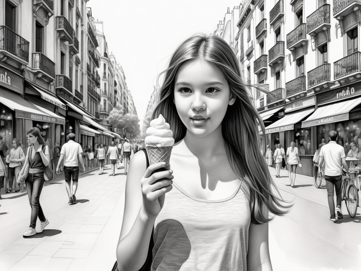 Monochrome Scene of Girl Enjoying Ice Cream in City