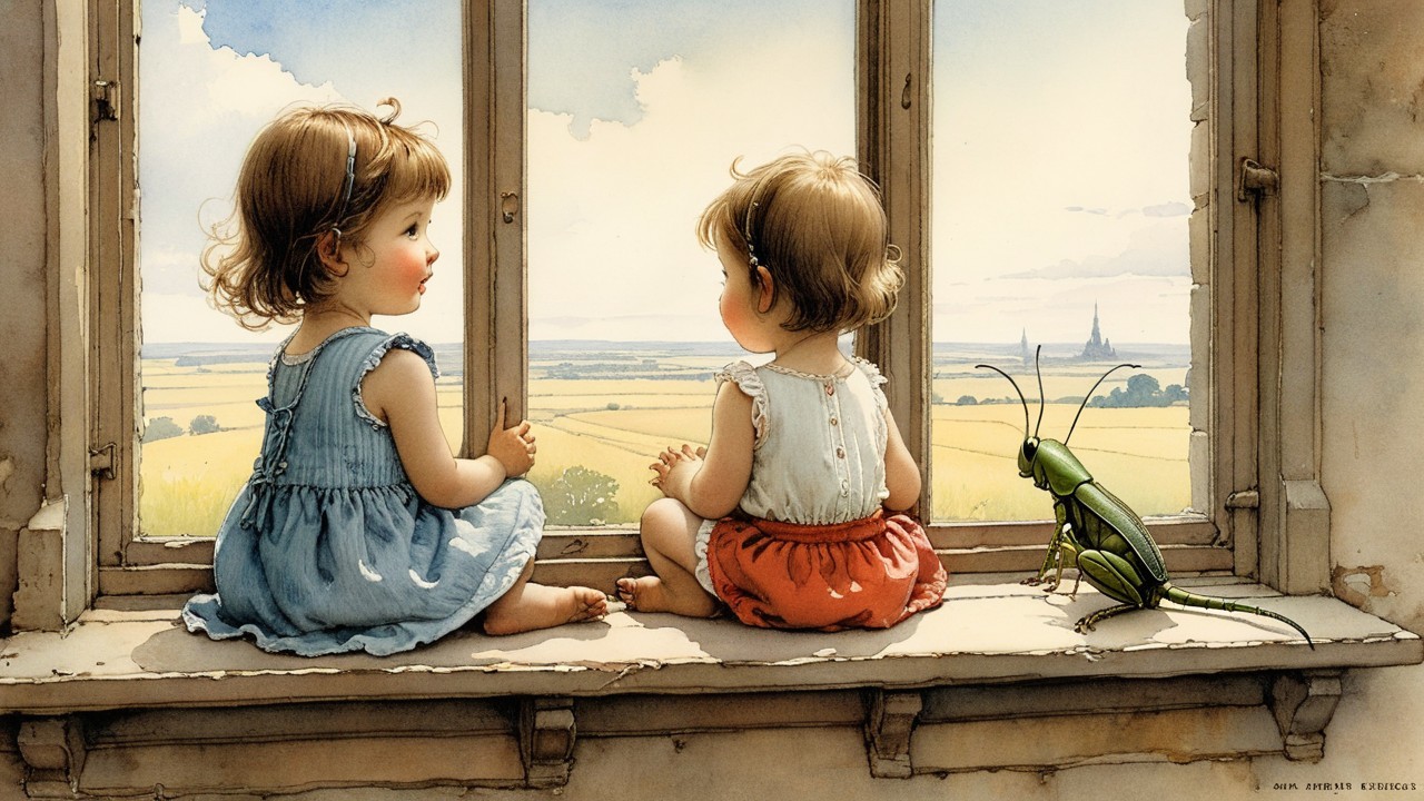 Children on Windowsill with Countryside View and Grasshopper
