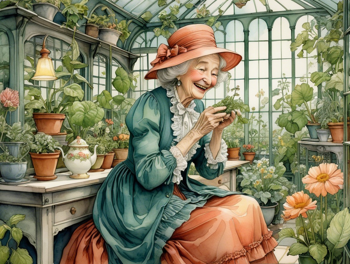 Elderly Woman in Green Cardigan in Greenhouse with Plants