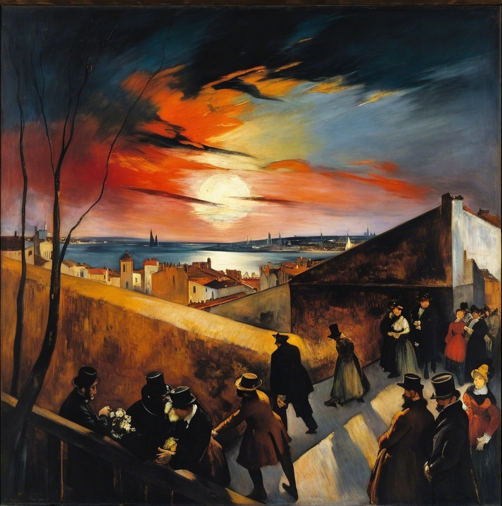 Cityscape at Dusk with Sunset and Elegant Figures