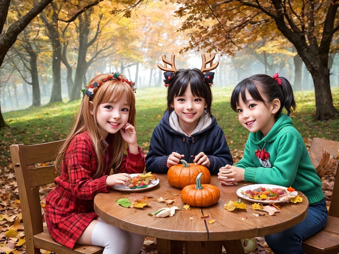 Children Decorating Pumpkin in Autumn Setting