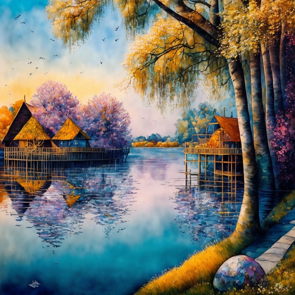 Lakeside Scene with Stilt Houses and Autumn Colors