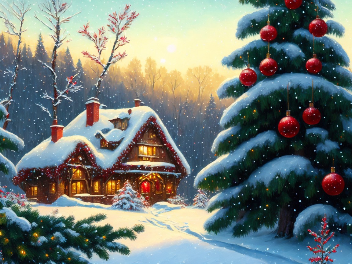 Cozy Cabin in Snowy Landscape with Evergreen Trees