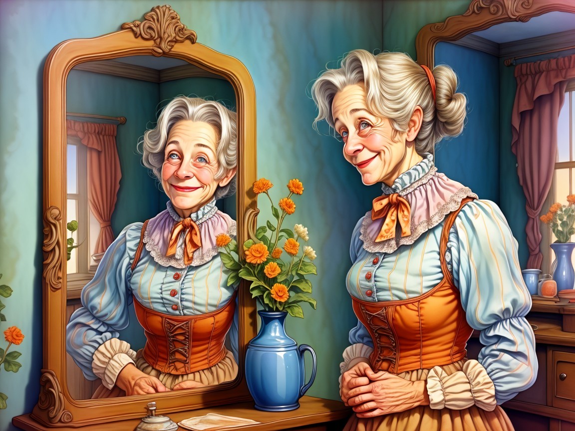 Elderly Woman Smiling in Vintage-Inspired Room