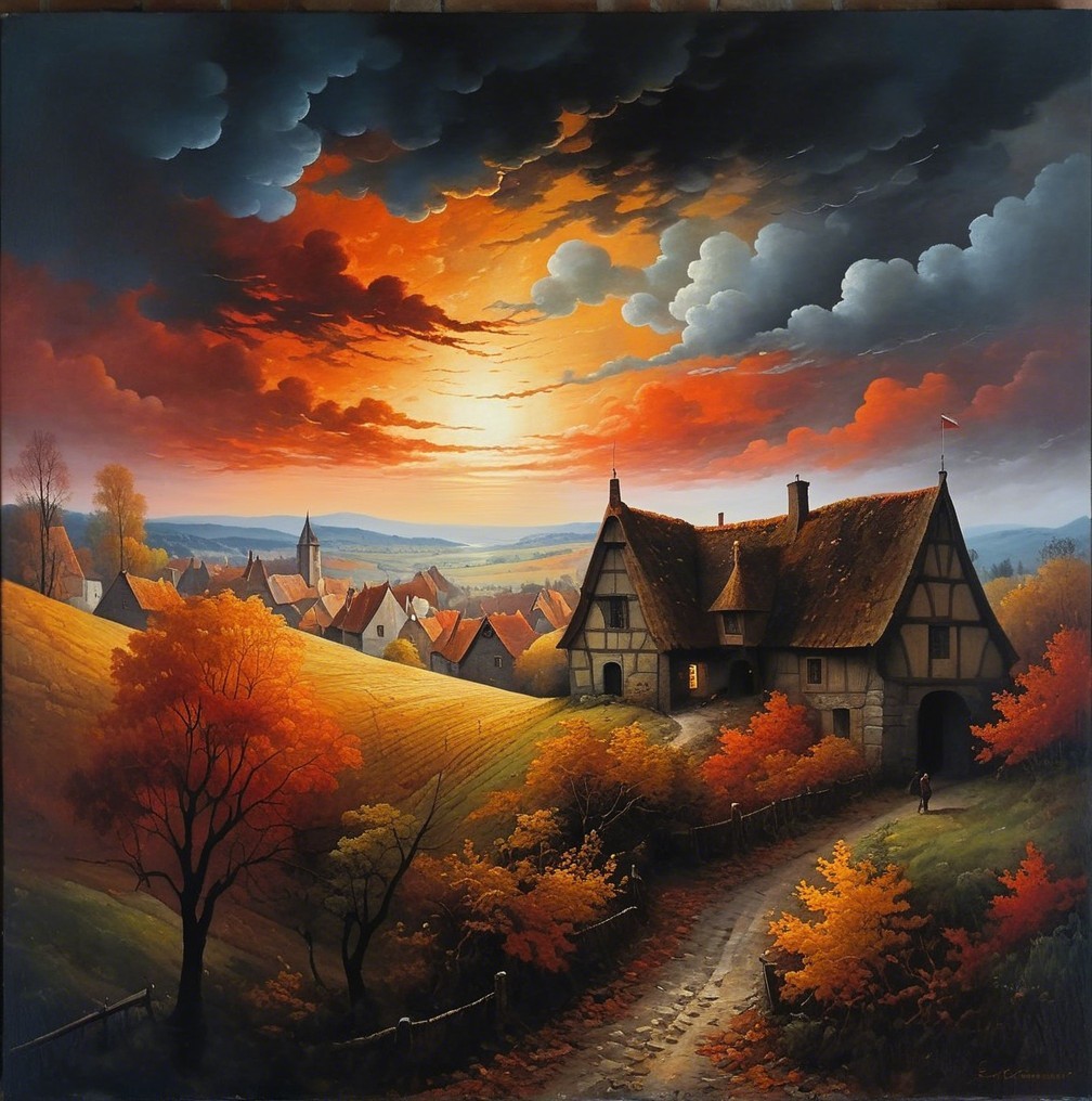 Quaint Village in Vibrant Autumn Landscape at Sunset