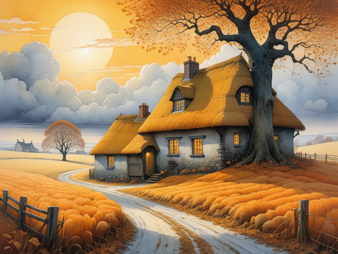 Thatched-Roof Cottage in Autumn Countryside Scene