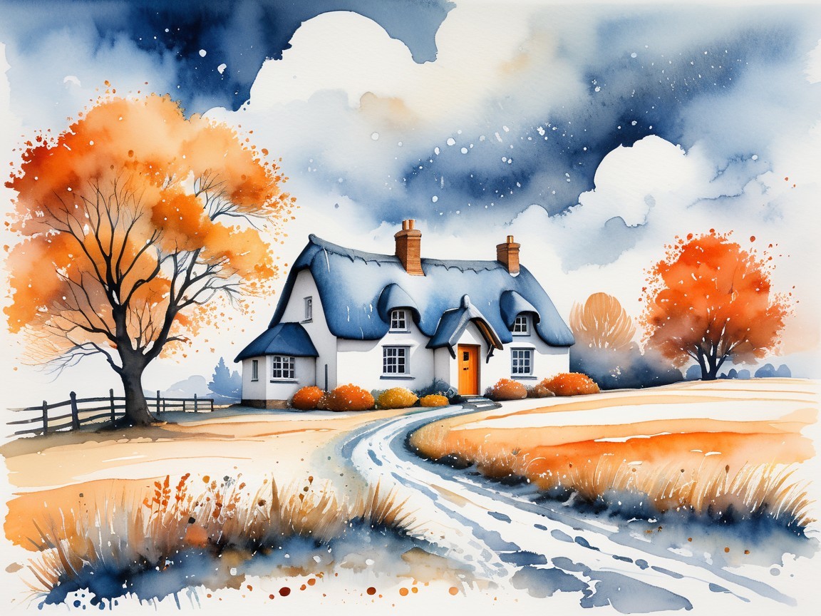 Charming Cottage Surrounded by Autumn Trees and Fields