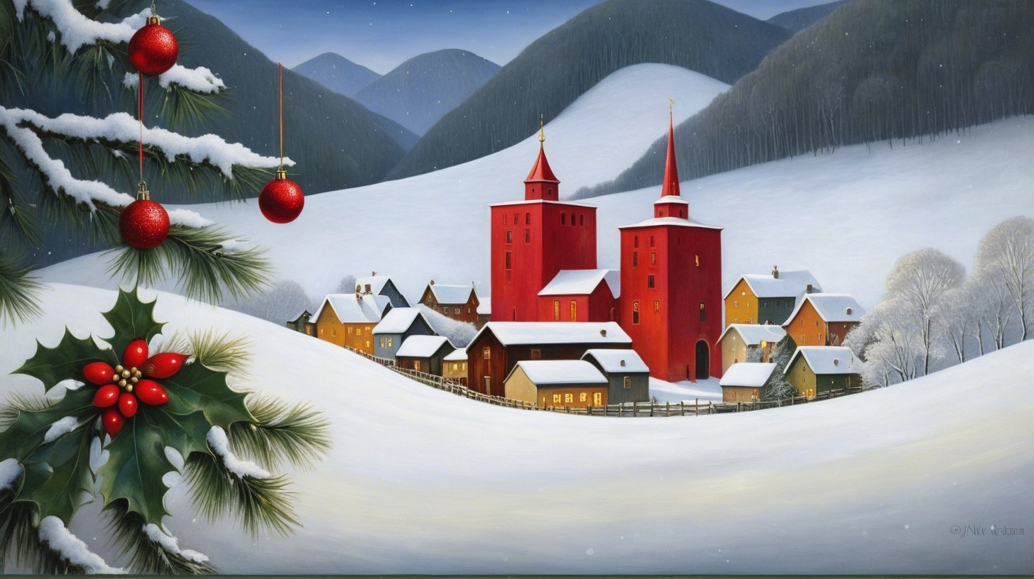 Snowy Winter Village Scene with Red Buildings and Ornaments