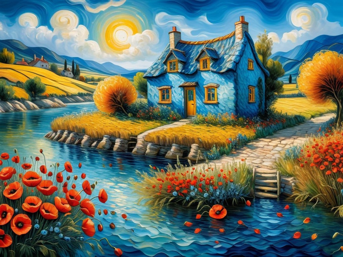 Serene landscape with cottage by a flowing river