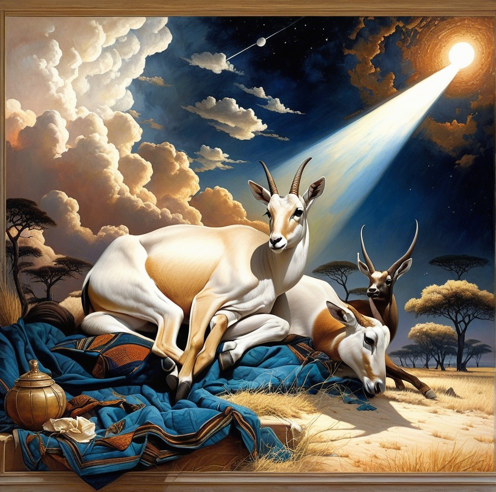 Surreal Landscape with Antelopes and Dramatic Sky