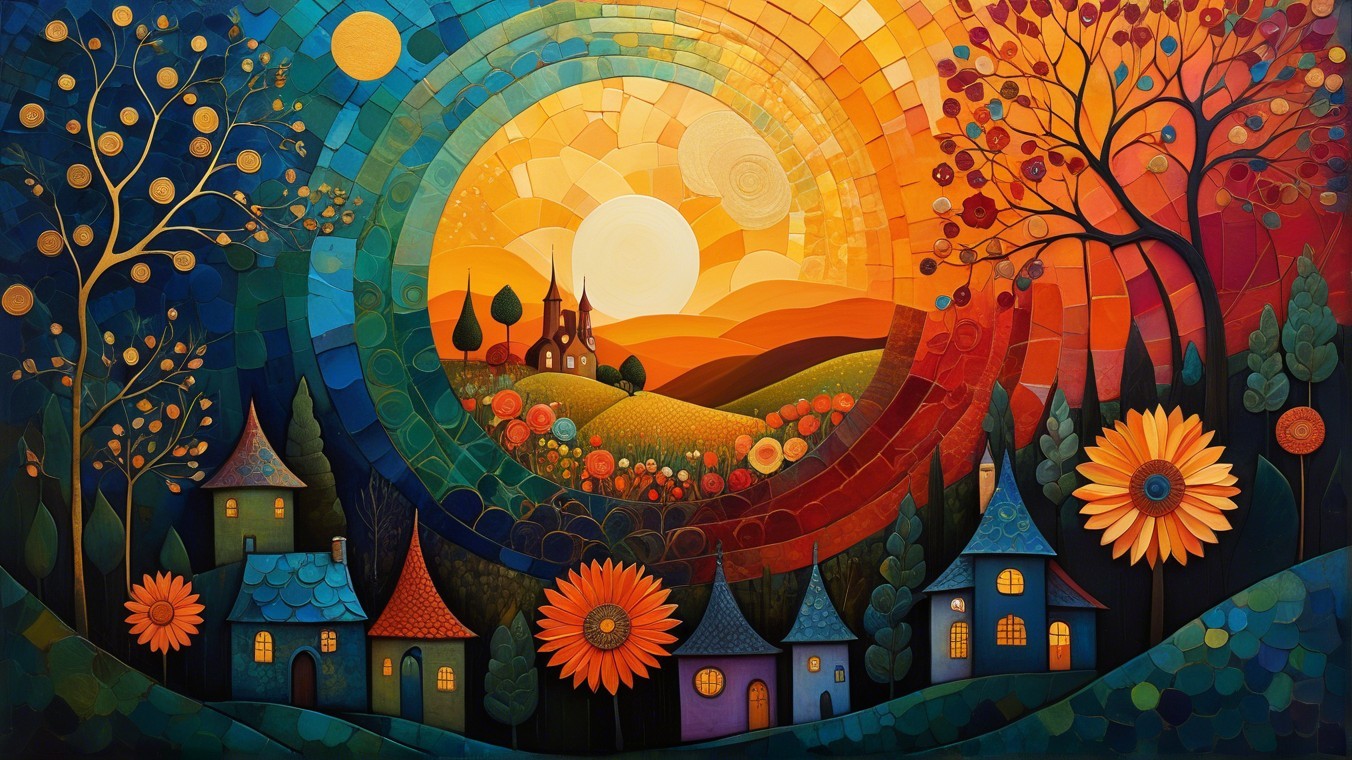 Vibrant Landscape with Colorful Sunset and Houses