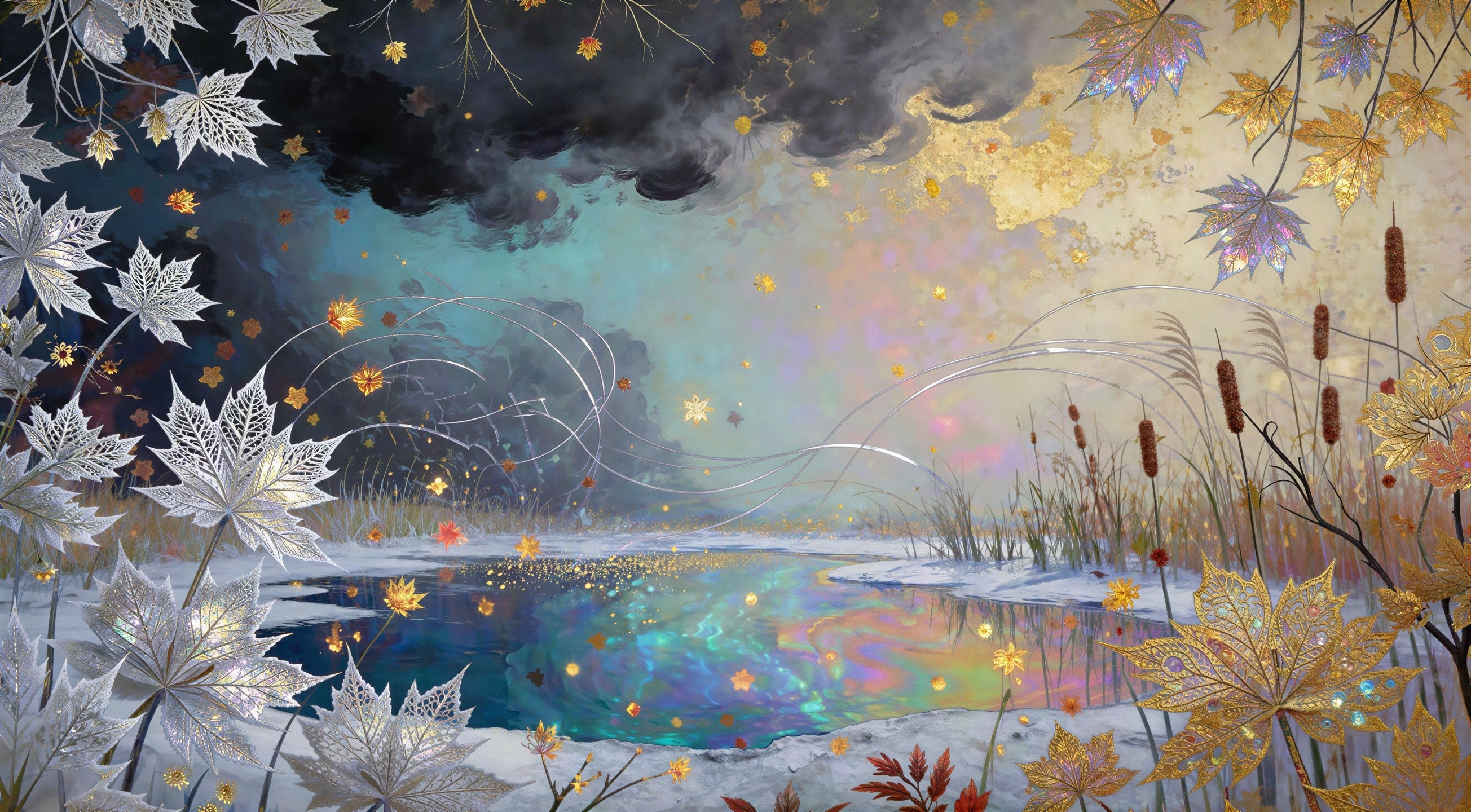 Ethereal Mixed Media Landscape with Frozen Pond Scene