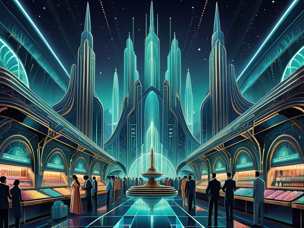 Futuristic marketplace with skyscrapers and vibrant stalls