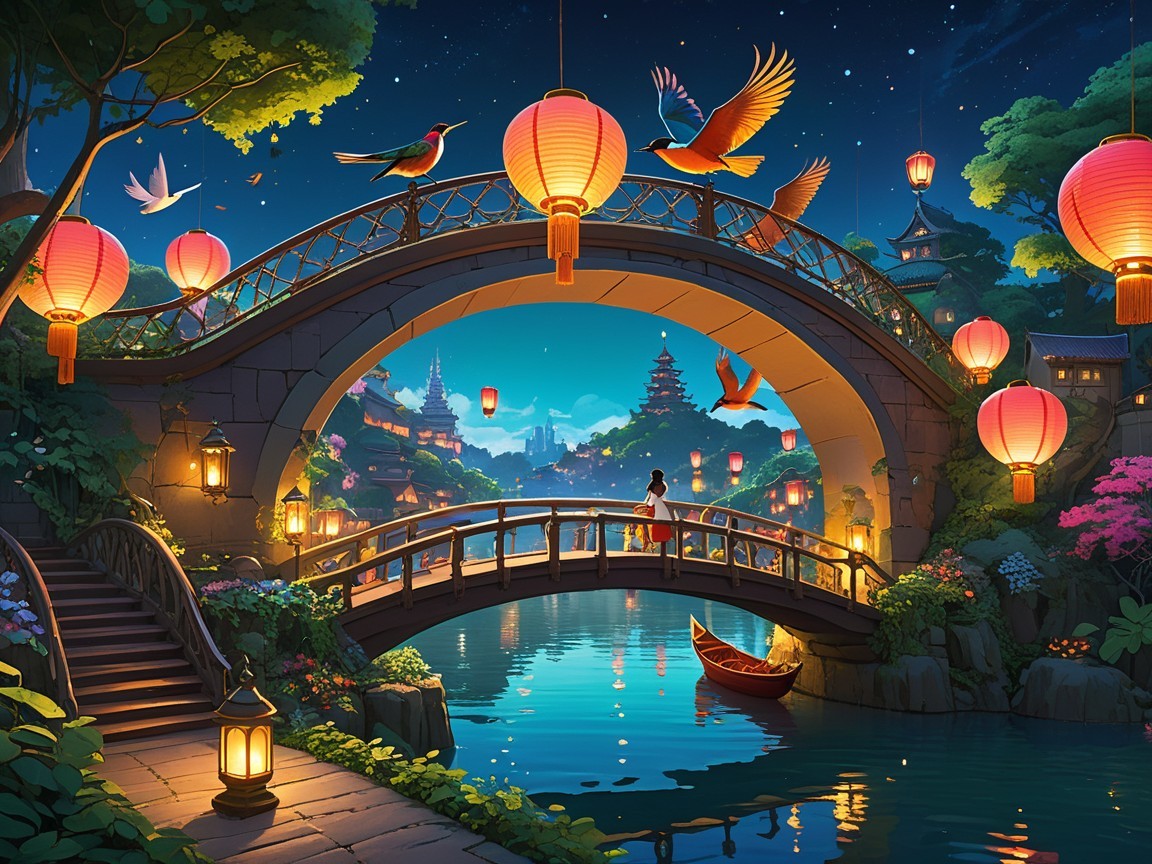 Serene Night Scene with Illuminated Bridge and Nature